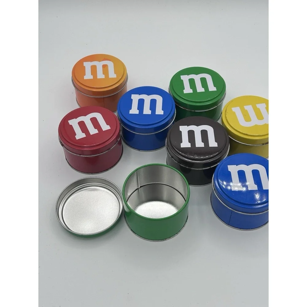 M&M's Collectible Advertising Tins Set of 8 Different Colors Metal 3 inch Round